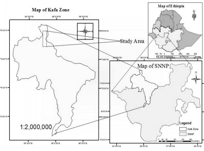 Map showing location of
Kafa Zone where the study area is located
