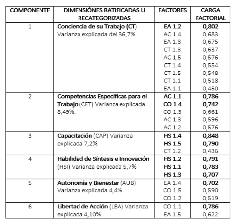 Síntesis de la matriz rotada por Varimax y re -categorización dimensiones