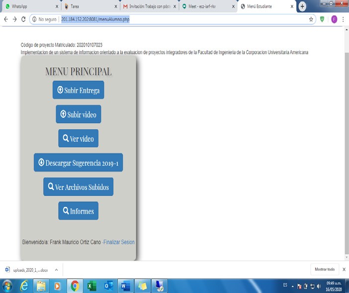 Menú principal del software