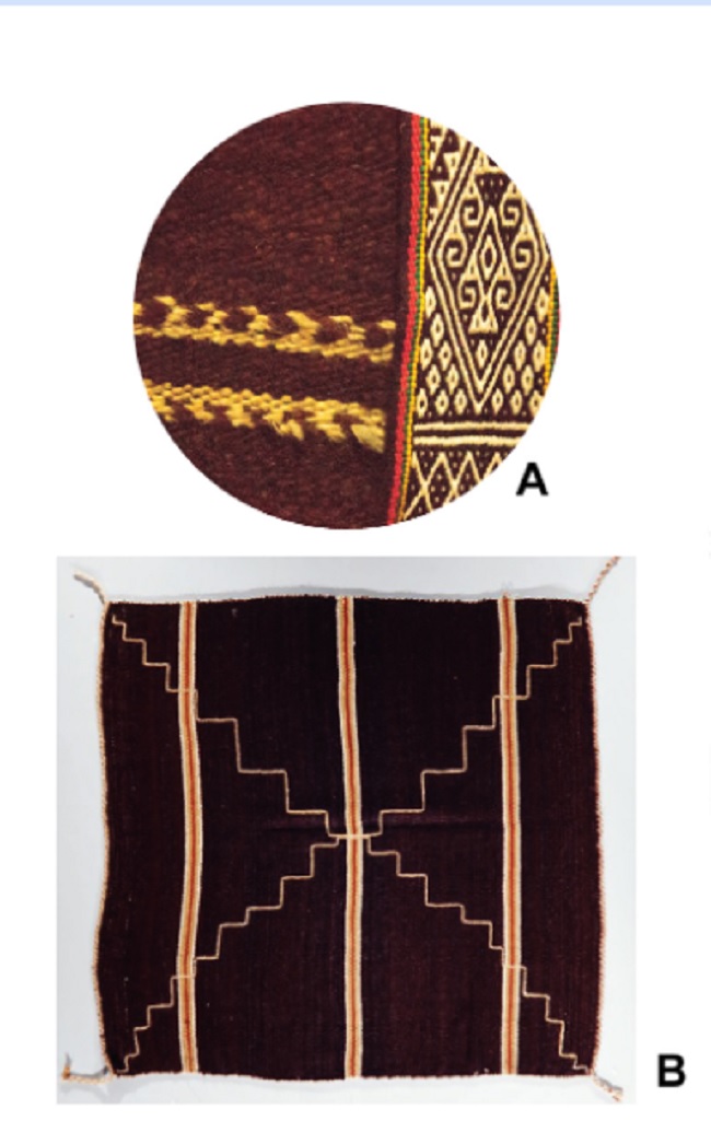 Imagen
2. A) Textiles con diseños geométricos, aludiendo al cosmos y el camino. Museo
Regional de Creel. B) Cobija tarahumara. Recolectada entre 1965 y 1987 por
Eugene H. Boudreau en el Municipio de Batopilas, Chihuahua, México.