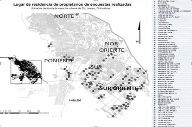 Ubicación de colonias y fraccionamientos
donde se aplicó el cuestionario de movilidad social.