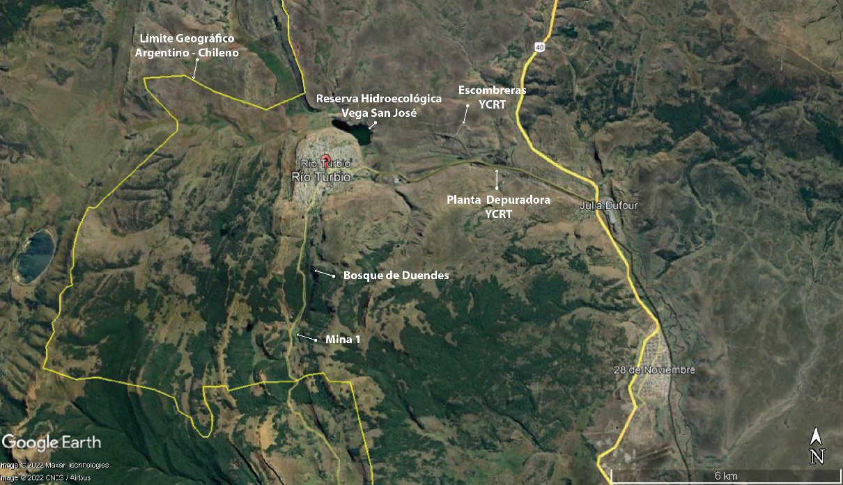 Cuenca Carbonífera se observan las localidades de Río Turbio Julia Dufour y 28 de Noviembre el límite internacional la Reserva Hidroecológica Vega San José y Bosque de Duendes