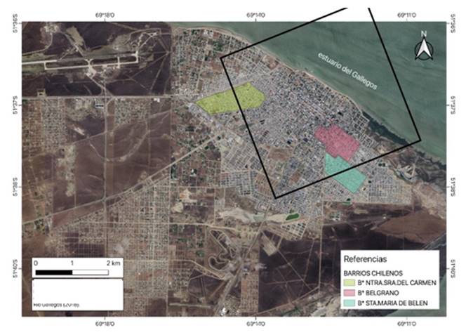 Localización de los barrios Belgrano
(Belgrano viejo), Santa María de Belén (Belgrano nuevo) y Nuestra Señora del
Carmen en Río Gallegos -año 2022- (recuadro detalle Figura 3)