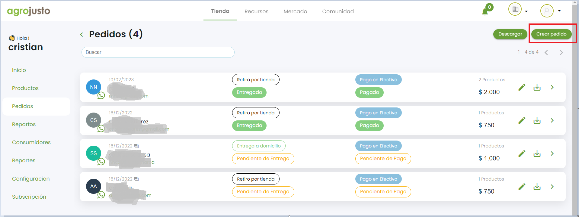 Sección de pedidos de la
plataforma virtual