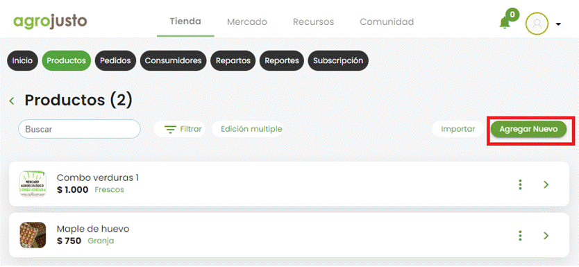 Pantalla de gestión de
productos
