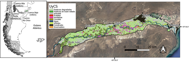 Ubicación de la cuenca del Río Chubut y del valle irrigado (panel
izquierdo). Detalle del valle agrícola y el mapa de uso y cobertura del suelo
para el año 2019 (panel derecho).