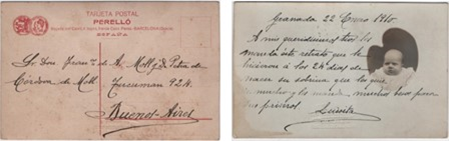 Postal enviada desde Granada (España) el 22 de enero de 1910 por Luis de Córdova, anunciando el nacimiento de su primogénita, Luisita de Córdova. Anverso y reverso