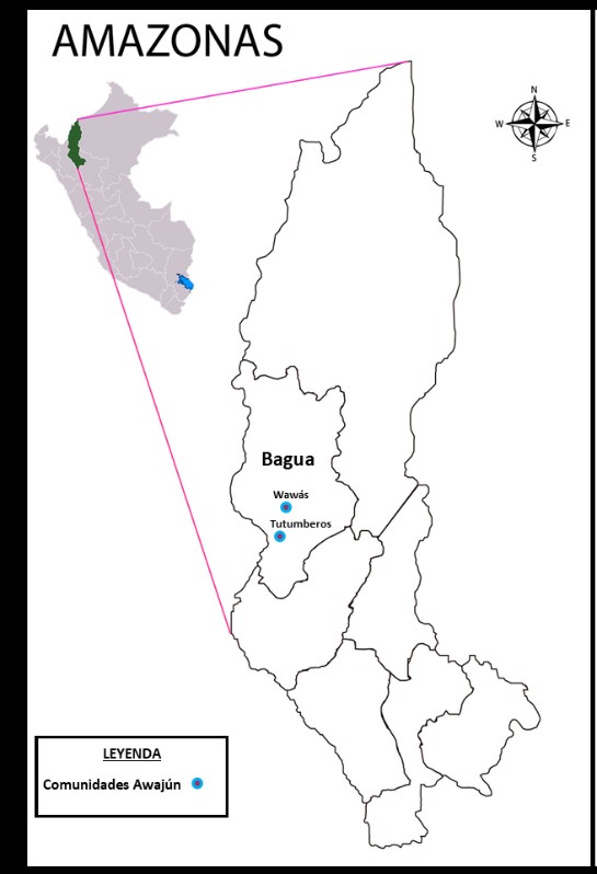 Ubicación geográfica de comunidades
Awajún y lugar de recolección de 18 plantas medicinales, en la provincia de
Bagua, región Amazonas, Perú
