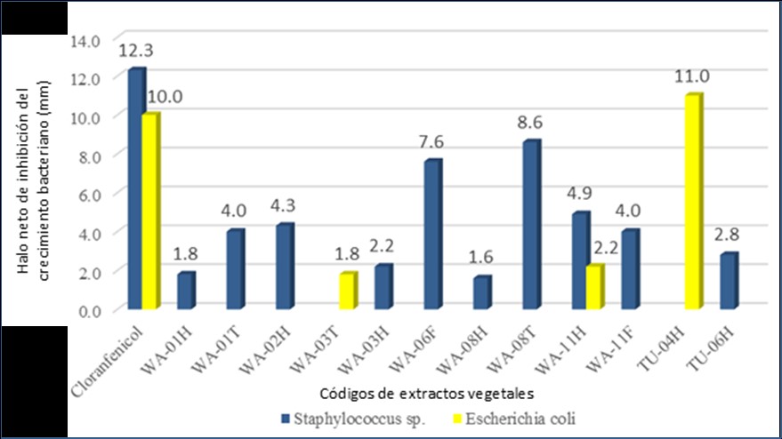 Halo neto de
inhibición (mm) del crecimiento bacteriano frente a Staphylococcus sp y Escherichia
coli, según código de extrato vegetal.