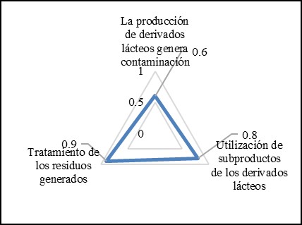 Representación radial de los
indicadores de sostenibilidad ambiental del proceso de elaboración de derivados
lácteos