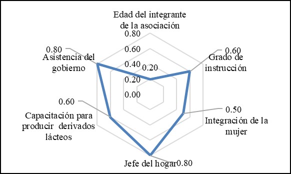 Representación radial
de los indicadores de sostenibilidad social del proceso de elaboración de derivados
lácteos