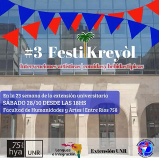 Volante difundido virtualmente del tercer Festi Kreyòl realizado el 28 de octubre de 2023 en el patio de la Facultad de Humanidades y Artes (UNR)