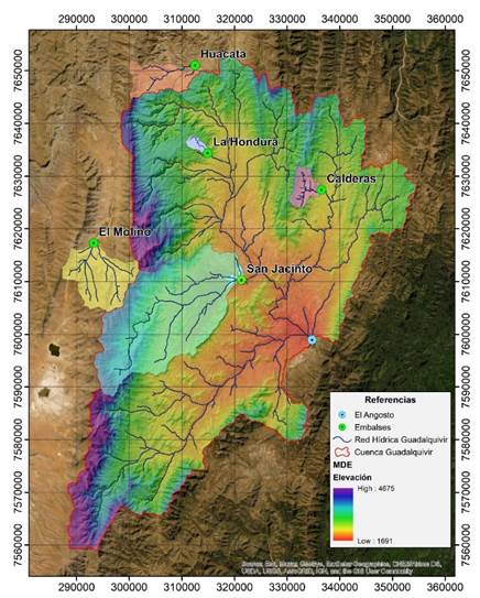 Ubicación de los embalses estudiados y sus cuencas de aporte