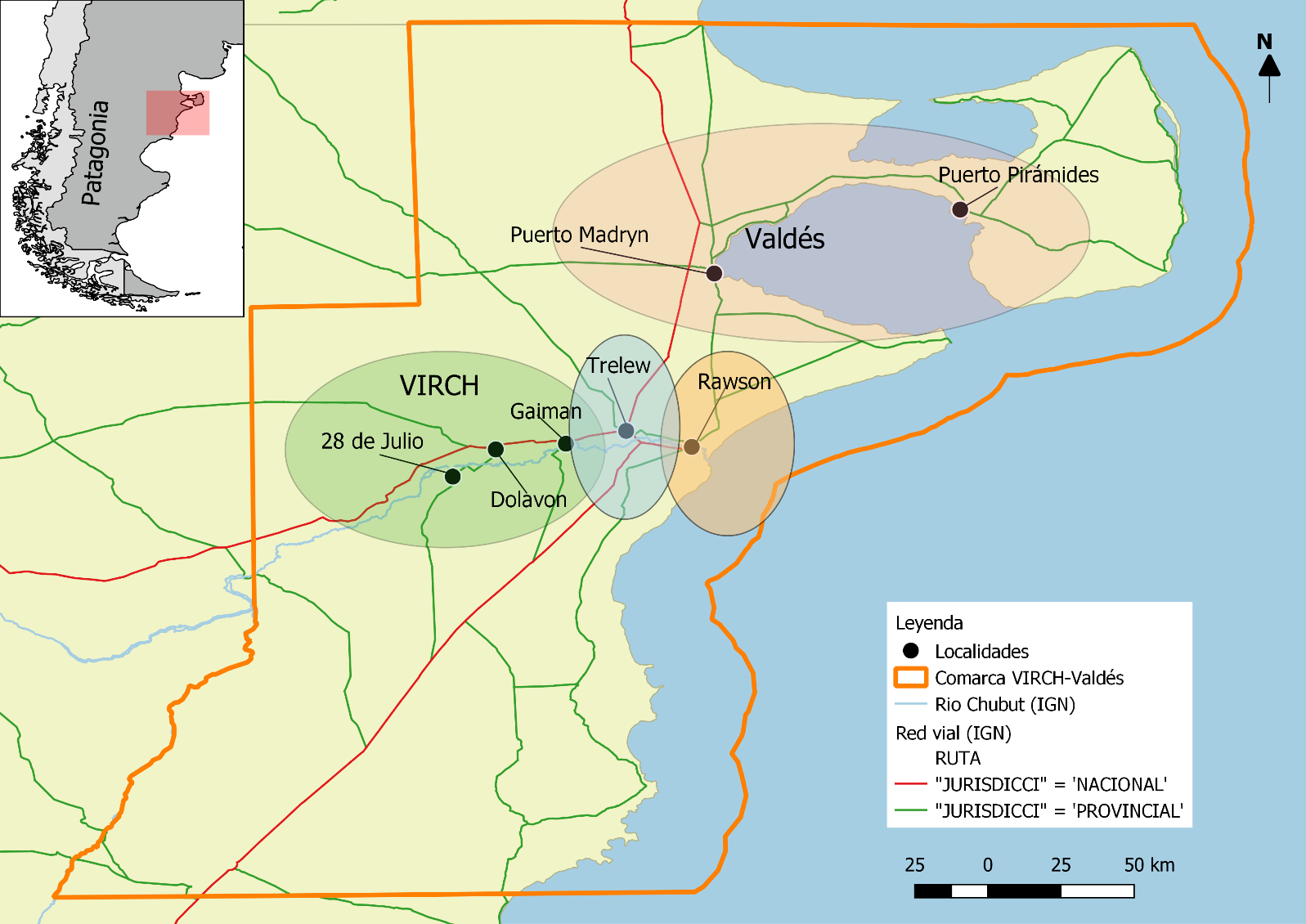 Mapa del área de estudio Las elipses de colores muestran las cuatro subunidades  territoriales operativos Valdés Rawson Trelew y VIRCH Fuente elaboración propia 2023