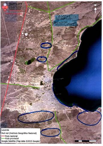 Ejemplo de un mapa de los sitios en que las personas experimentan las CNP
elaborado en una de las mesas de trabajo. En este caso se muestran los
circuitos recreativos donde las personas experimentan experiencias físicas y
psicológicas en Puerto Madryn.