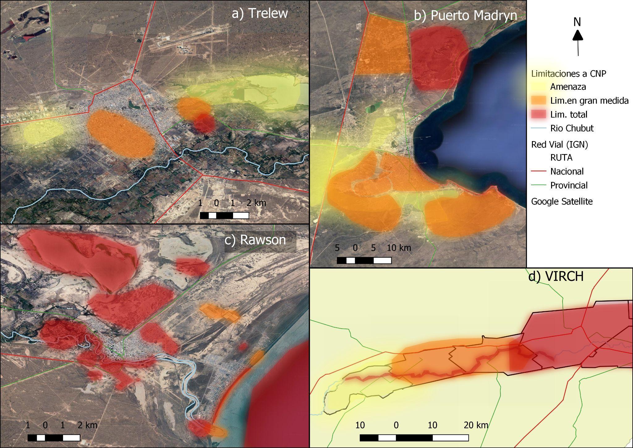 Mapas de prioridades de ordenamiento territorial construido en plenario en cada
uno de los talleres: a) Trelew, b) Puerto Madryn (subunidad Valdés), c)Rawson y d)VIRCH.