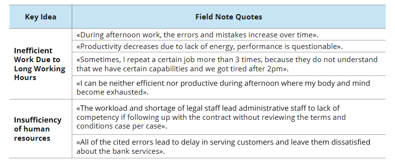 Represents the main key ideas and field note quotes