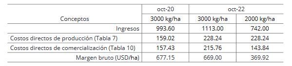 Resumen de ingresos, costos y margen
  bruto estimado en dólares