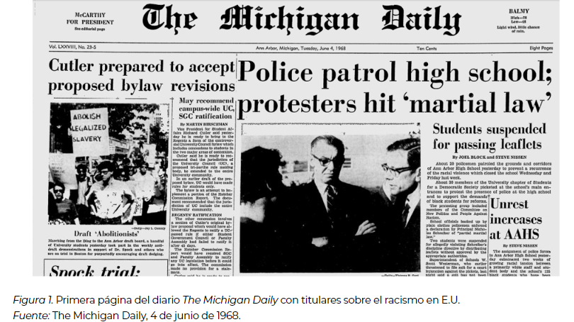 Primera página
del diario The Michigan Daily
con titulares sobre el racismo en E.U