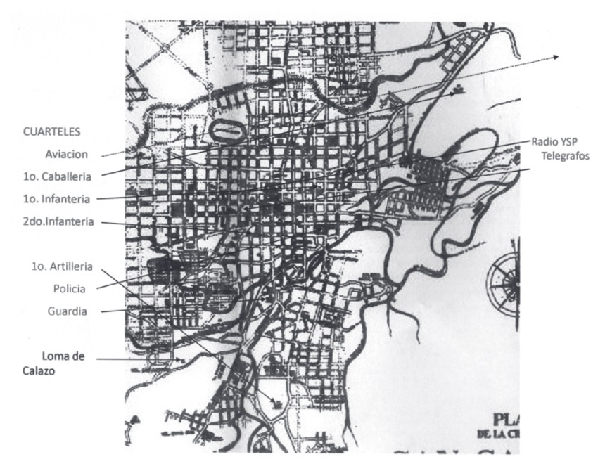 Plano  de  San  Salvador  de  1948  que  muestra  los  principales  cuarteles  y  emplazamientos estratégicos en el alzamiento de abril de 1944