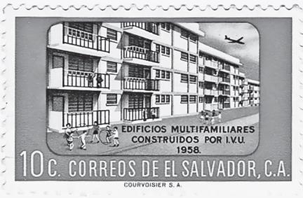Sello postal que resalta edificios multifamiliares construidos por el Instituto de Vivienda Urbana (IVU), 1958.