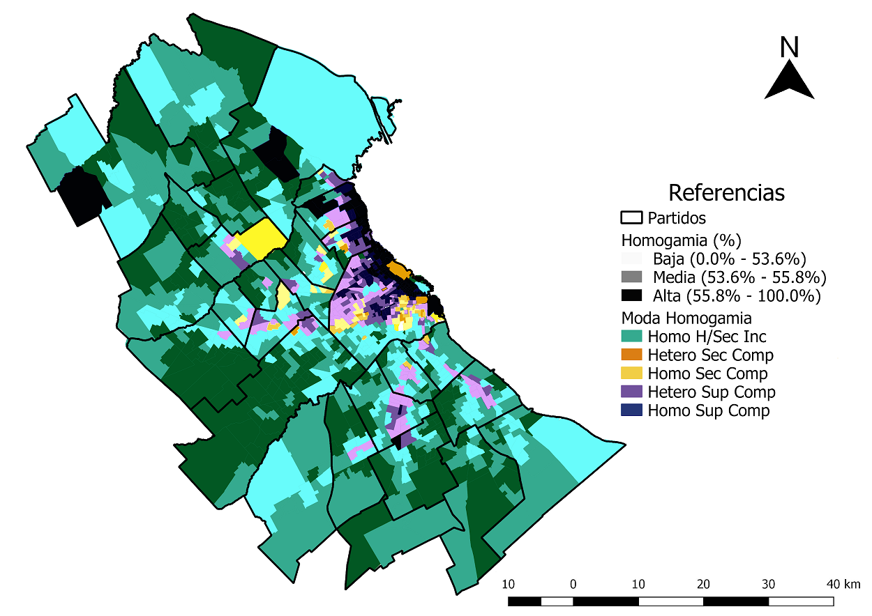 Terciles de hogares con homogamia educativa según tipo de  homogamia prevaleciente por fracción censal. Fracciones censales del  Área Metropolitana de Buenos Aires, 2010.