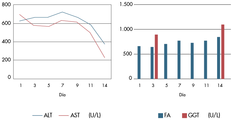 Evolución de las transaminasas (ALT y AST), gamma glutamil transferasa (GGT) y fosfatasa alcalina (FA).