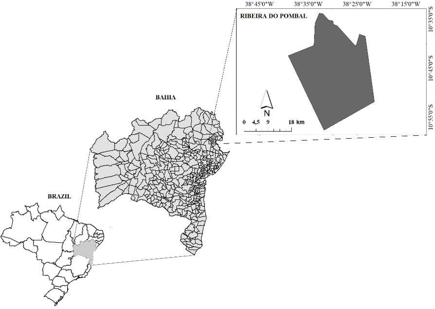 Map showing the geographical location of the
municipality of Ribeira do Pombal, in the State of
Bahia.