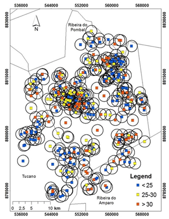 Spatial distribution of apiaries per classes I
(<25 hives.apiary-1), II (25-30) and III
(> 30 hives.apiary-1) in the municipality of Ribeira
do Pombal, State of Bahia, Brazil highlighted with a buffer of 1,500m,
referring to the radius of action of the flight of bees.