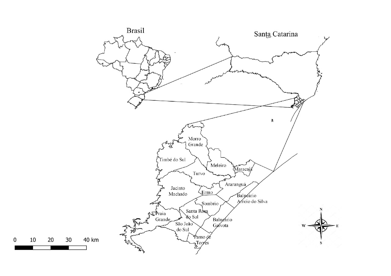 Mapa da regi&atilde;o Sul do estado de Santa Catarina Brasil