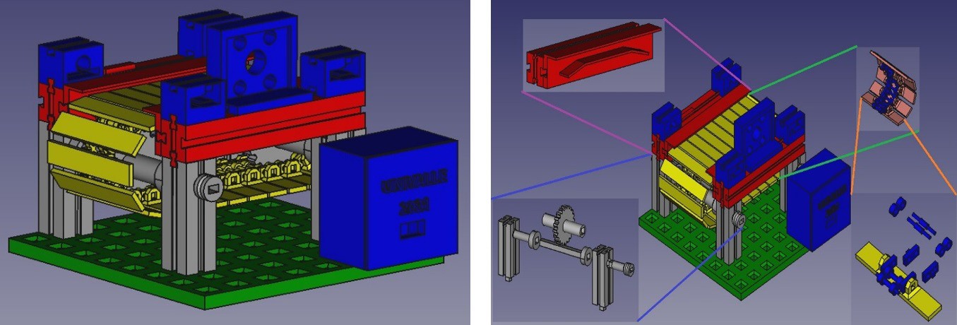 Ensambles de las piezas mecánicas para la banda transportadora diseñados en FreeCAD