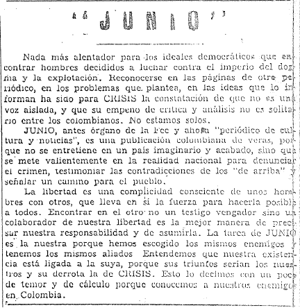 Crisis. Año I. 2. (Agosto de 1957). Medellín. Sobre la revista
              Junio.
            