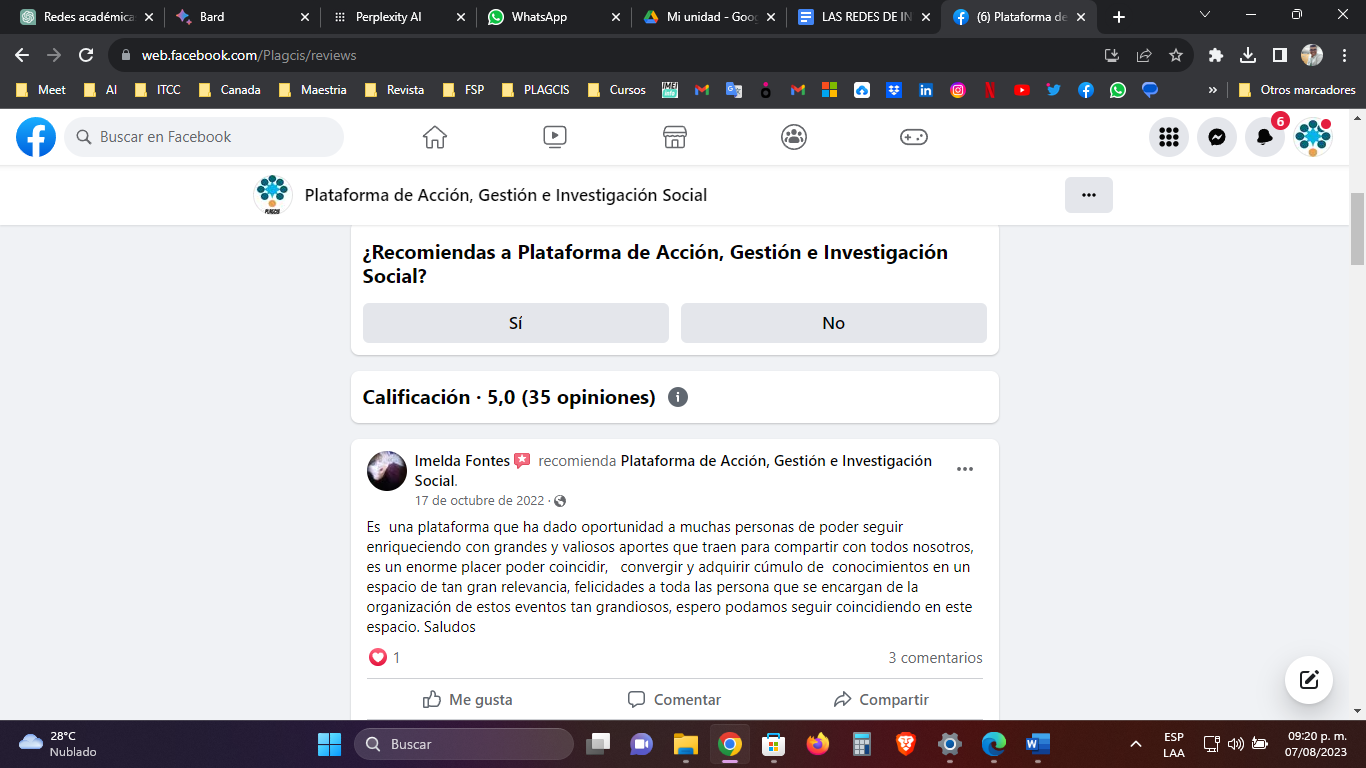 Comentarios relacionados a los beneficios de una red colaborativa, caso PLAGCIS