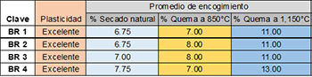Resultados de plasticidad encogimiento al secado natural y sinterización compuesto BR