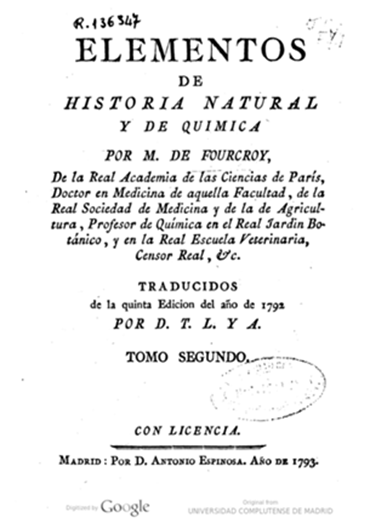 Portada de Elementos de historia natural y de química, t. II, de Fourcroy, 1793.