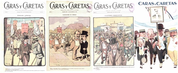 Progresión de portadas de Caras y Caretas que hacen referencia a
manifestaciones (1901-1916).