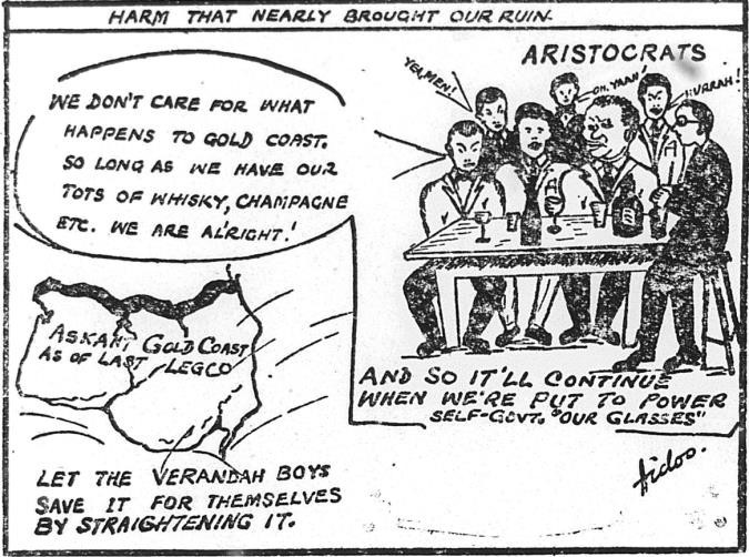 Imagem 1: Charge representando os conflitos de classe e
geracionais entre a aristocracia da Costa
do Ouro e os verandah boys