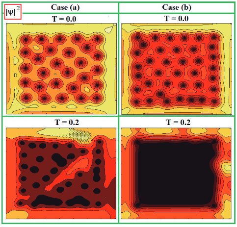 |ψ|2 para los casos (a) y (b) a T=0 (arriba) y T=0.2 (abajo), para L=20ξ, k=1.0. Regiones oscuras y claras representan valores del modulo del par&aacute;metro de orden de 0 a 1. 