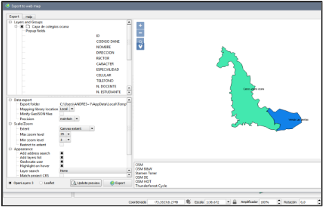 Interfaz de trabajo de QGIS2WEB. 