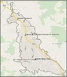Ubicación de las estaciones de la Red de Monitoreo de Calidad de Aire Universidad Francisco de Paula Santander Ocaña - CORPONOR 