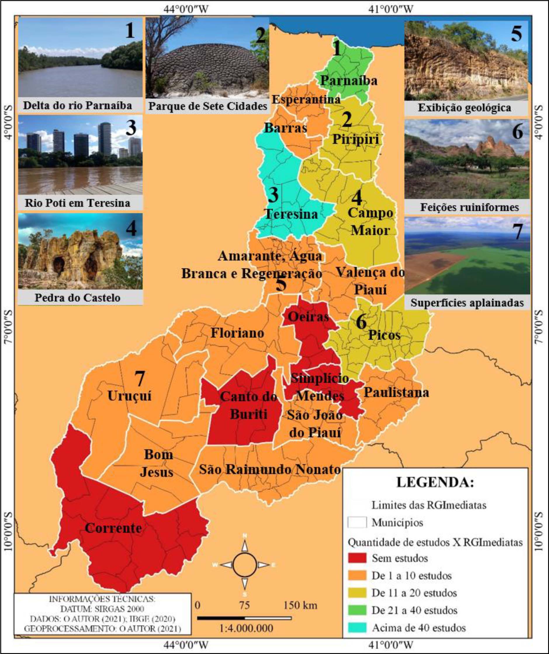 Espacialização dos estudos com destaque para ambientes naturais do estado do Piauí representando algumas Regiões Geográficas Imediatas