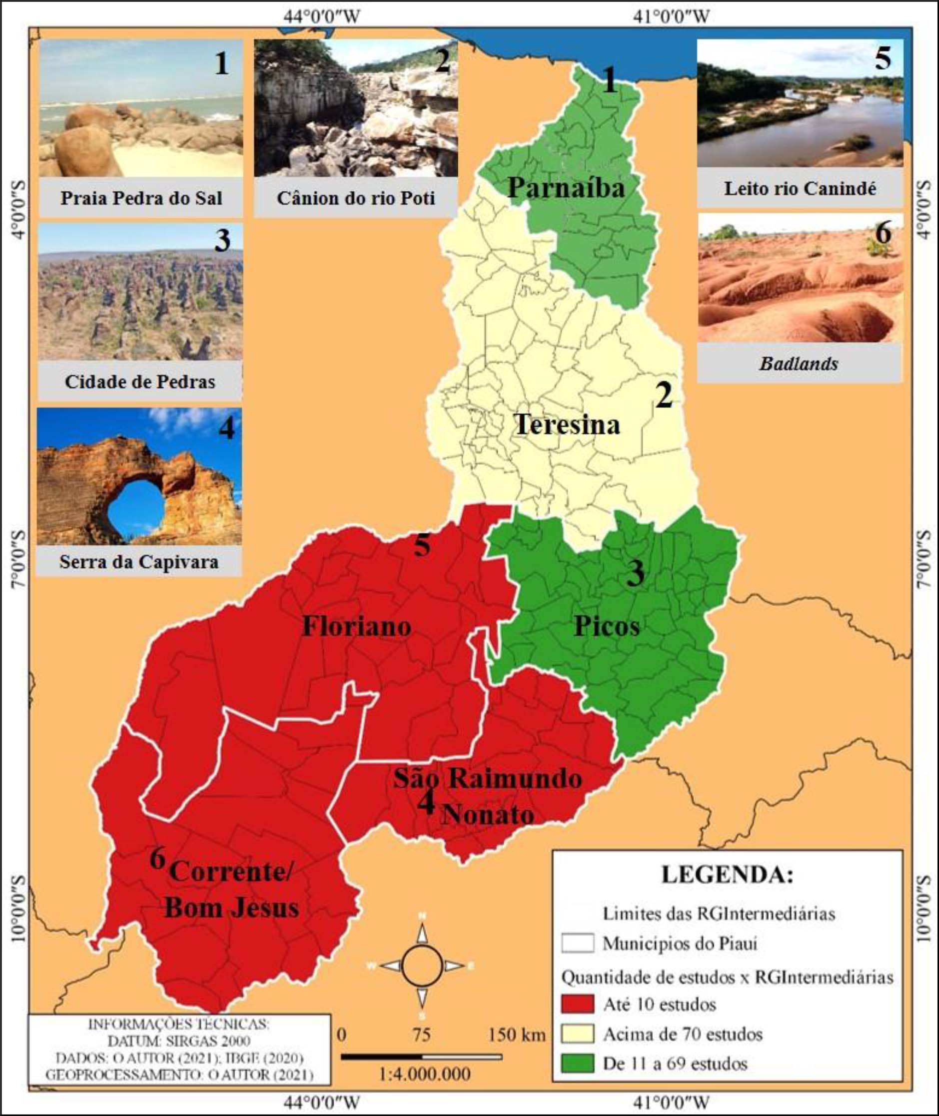 Espacialização dos estudos com destaque para ambientes naturais do estado do Piauí representando cada Região Geográfica Intermediária