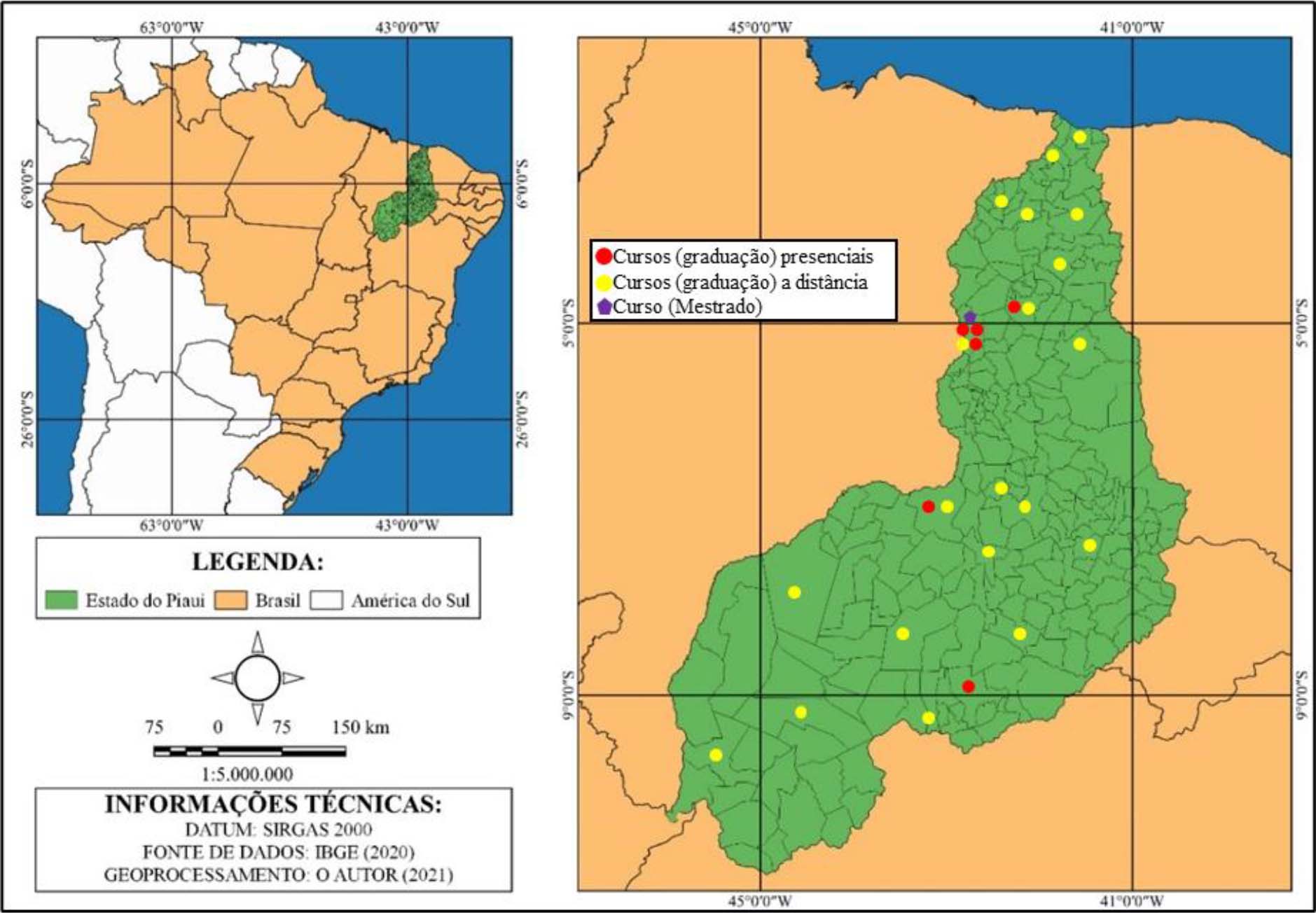 Localização do estado do Piauí em destaque as cidades de ofertas de cursos de Graduação presencial e a distância e Mestrado em Geografia