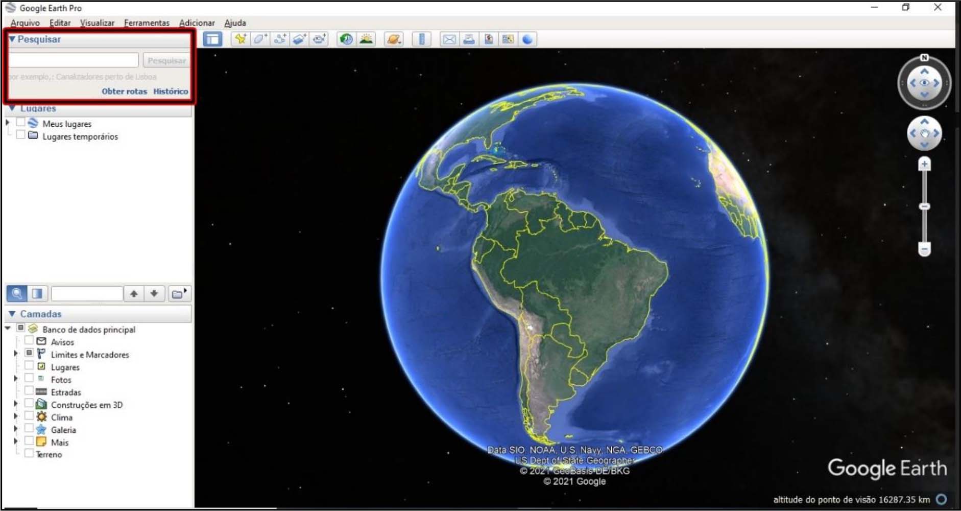 Destaque da aba “pesquisar” na tela do Google Earth Pro