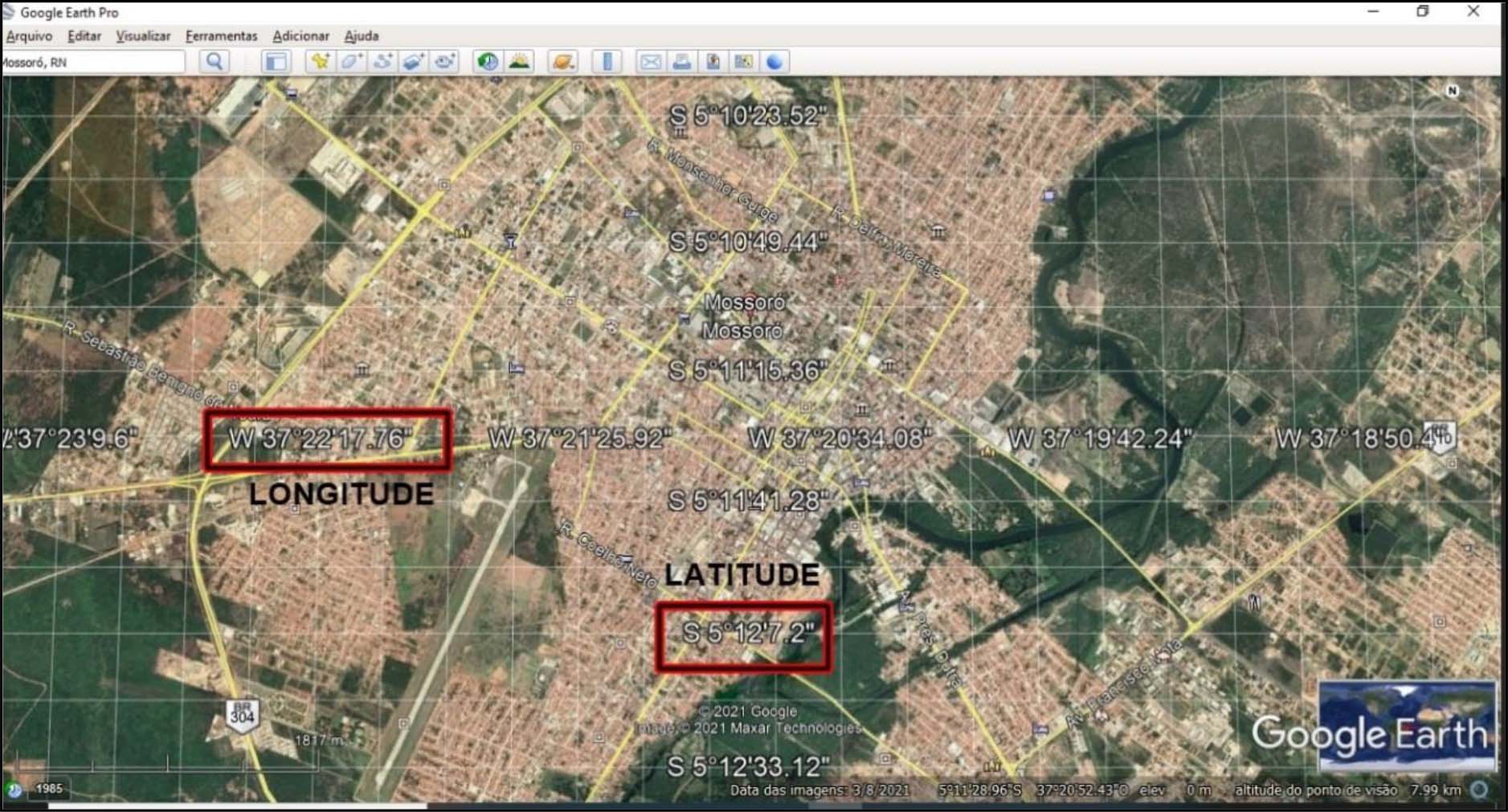 Acesso da função “grade” no Google Earth Pro, destacando-se a latitude e a longitude