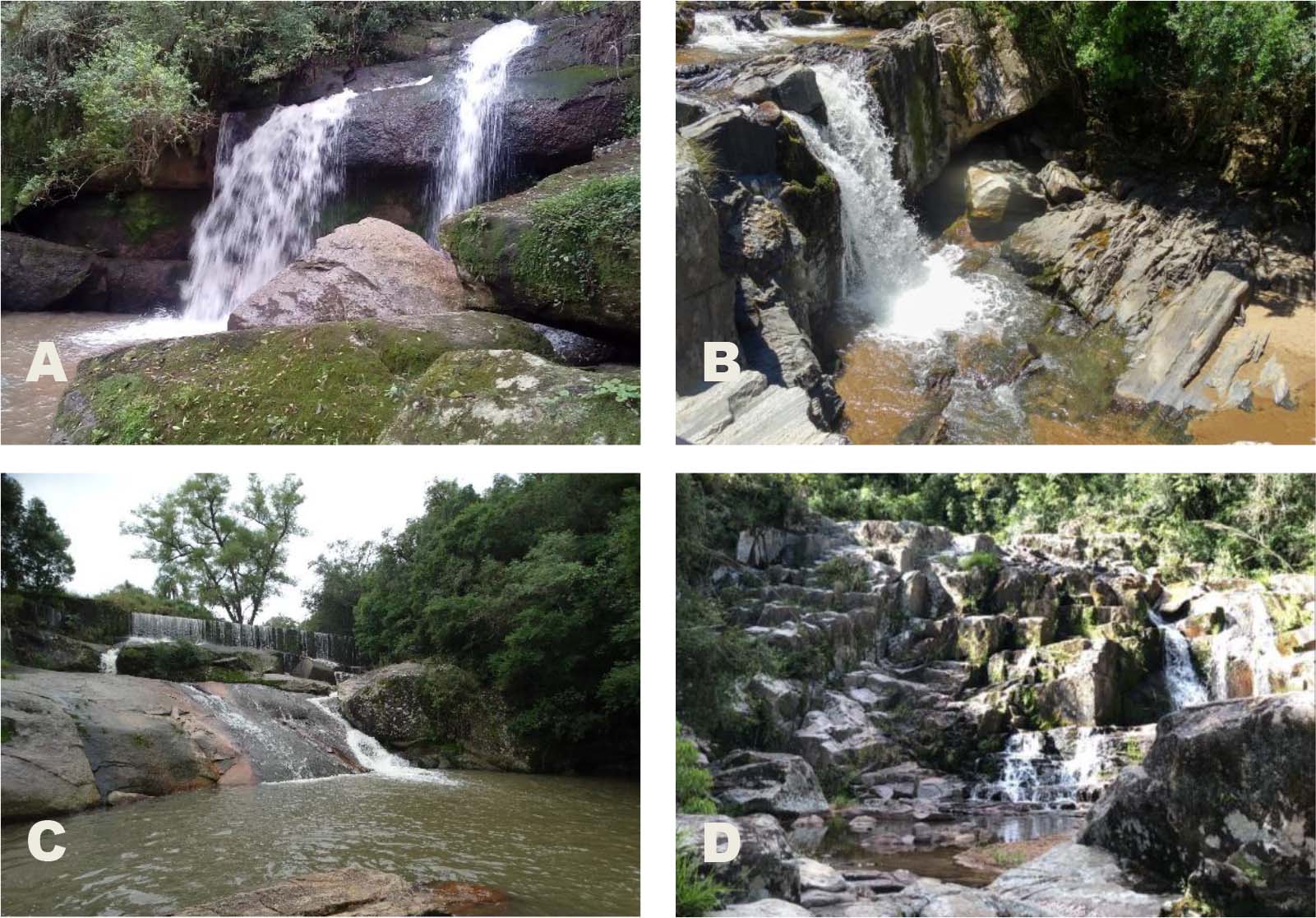 Quedas d’água reconhecidas enquanto geopatrimônio: A) Cachoeira Arco-Íris (Pelotas); B) Cachoeira Imigrante (Pelotas); C) Cachoeira Paraíso (Pelotas); D) Cachoeira Camboatá (Arroio do Padre)