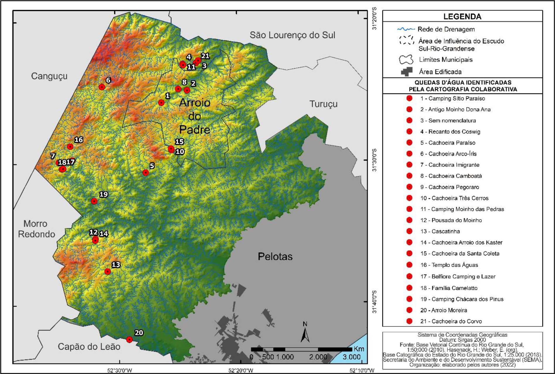 Localização das quedas d’água identificadas com o uso da cartografia colaborativa