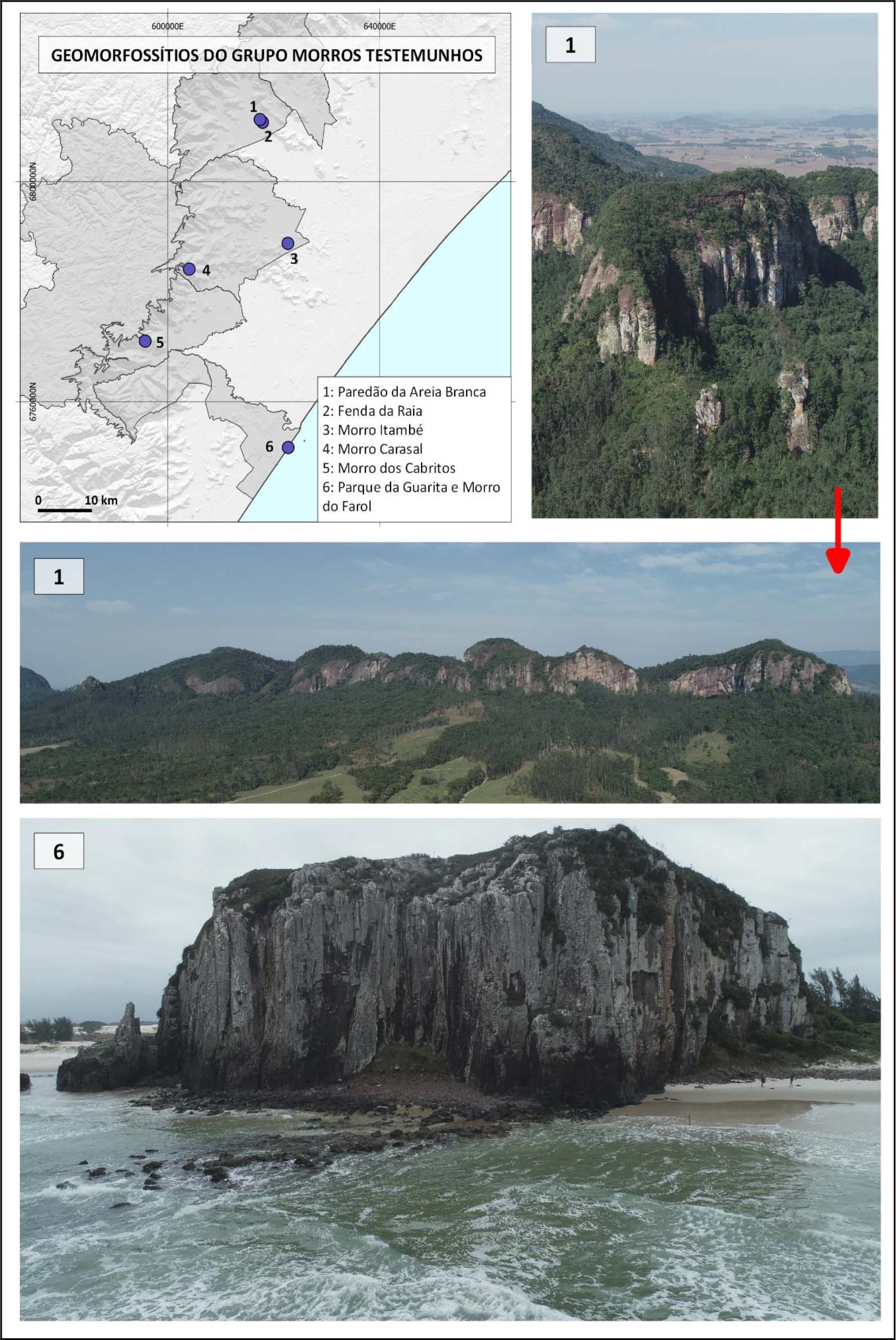 Geomorfossítios do grupo Morros Testemunhos sítio 1 Feições ruiniformes e extensão do Paredão da Areia Branca sítio 6 Torre Sul no Parque da Guarita