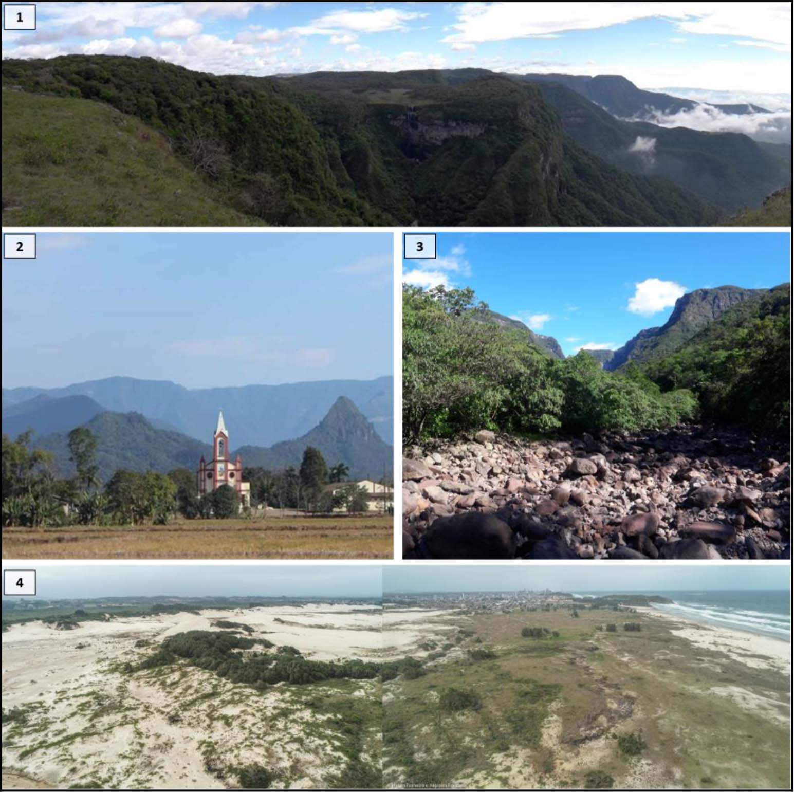 Paisagem do GCCS e suas unidades geomorfológicas 1 Contato entre o relevo aplainado do Planalto dos Campos Gerais e muito dissecado da Escarpa da Serra Geral 2 cristas dos morros que integram os esporões dos Patamares da Serra Geral 3 depósitos típicos da Planície ColúvioAluvionar e 4 Planície Litorânea