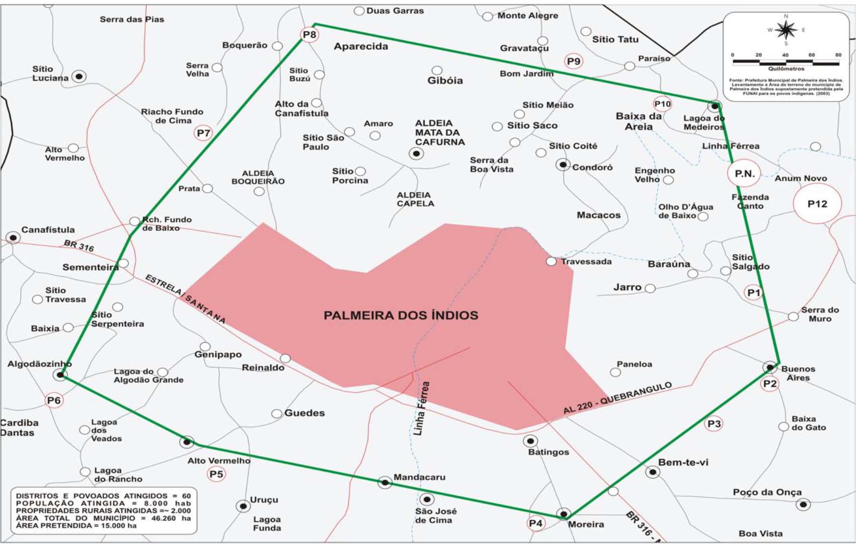 Mapa da área do território tradicional do povo Xukuru-Kariri de Palmeira dos Índios - Alagoas